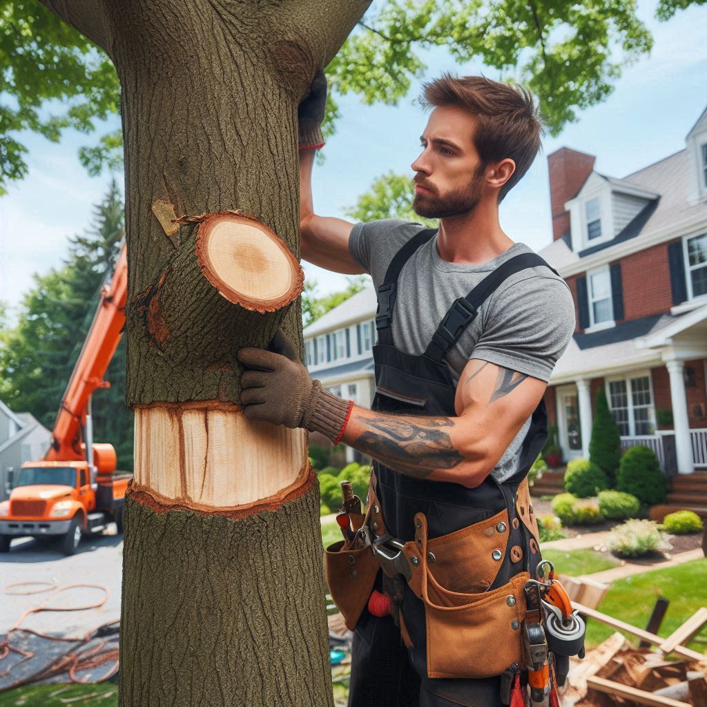 Massachusetts Homeowner's Guide to Tree Maintenance Blog Article - Arborist performing maintenance on a tree in a Massachusetts home's yard